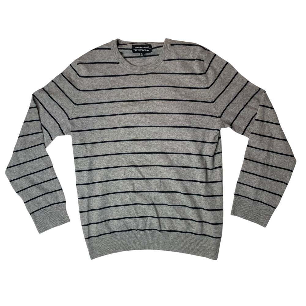 Banana Republic Cashmere Sweater Gray Striped Mens L Crewneck